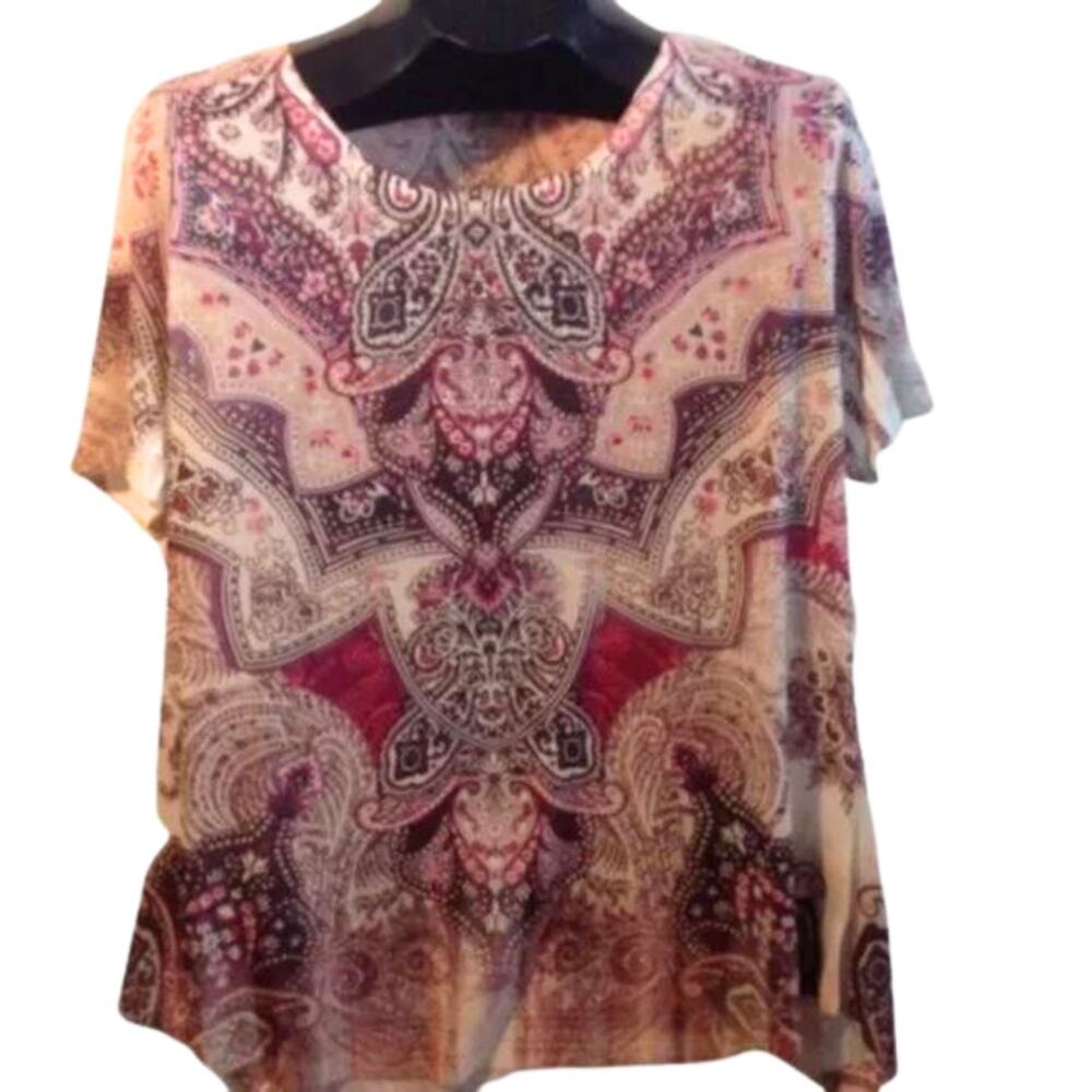 ONE WORLD Pink Mandala Sublimation Studded Knit Top Plus 1X